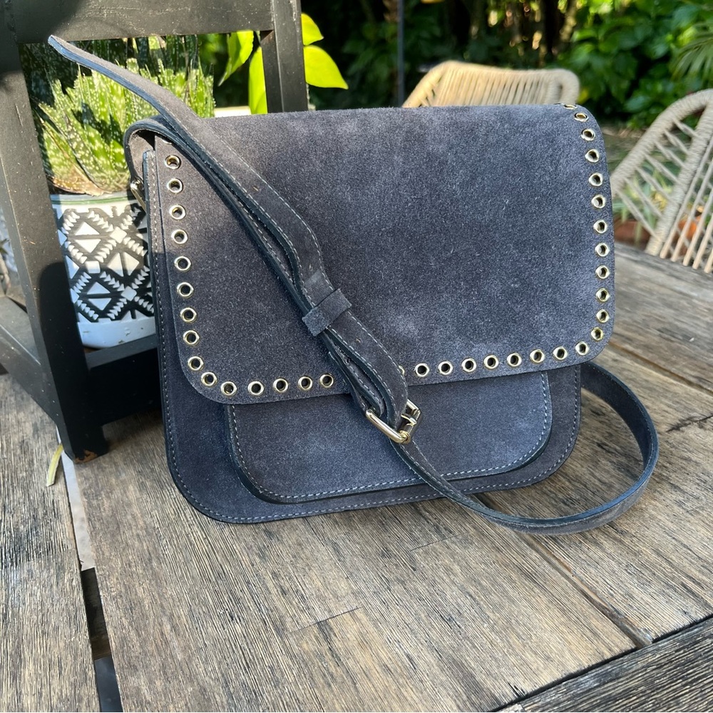 Isabel Marant Grey Suede Crossbody Bag with Gold Accents